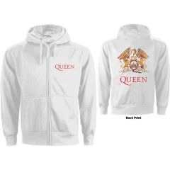 Queen: Classic Crest (Back Print) - Ladies White Zip-up Hoodie