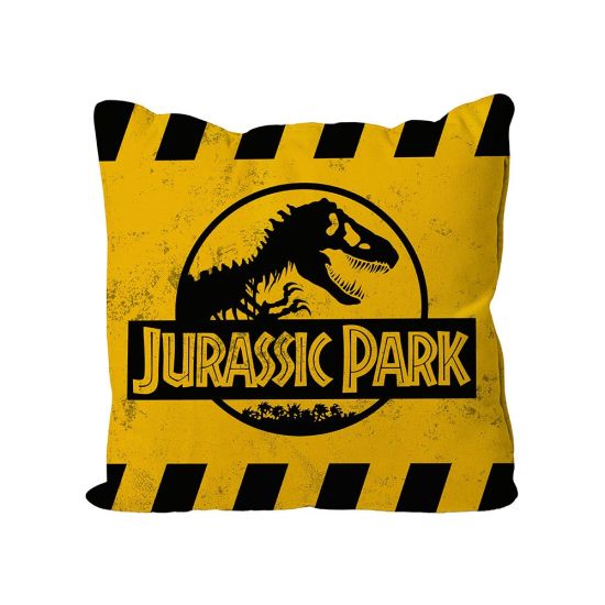 Jurassic Park: Let op geel logokussen (40 cm x 40 cm)