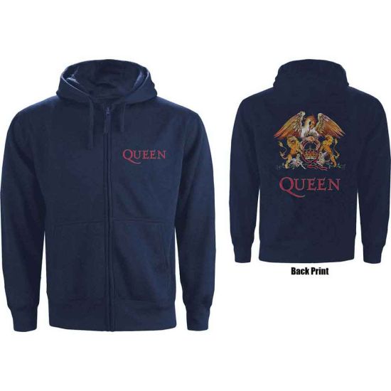 Queen: Classic Crest (Back Print) - Navy Blue Zip-up Hoodie