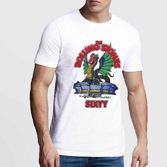 The Rolling Stones: Sixty Stadium Dragon (Hi-Build, Puff Print) - White T-Shirt