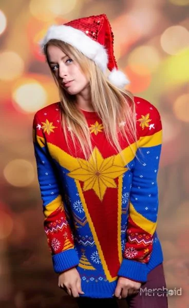 Captain Marvel Emblem Red & Blue Knitted Christmas Jumper